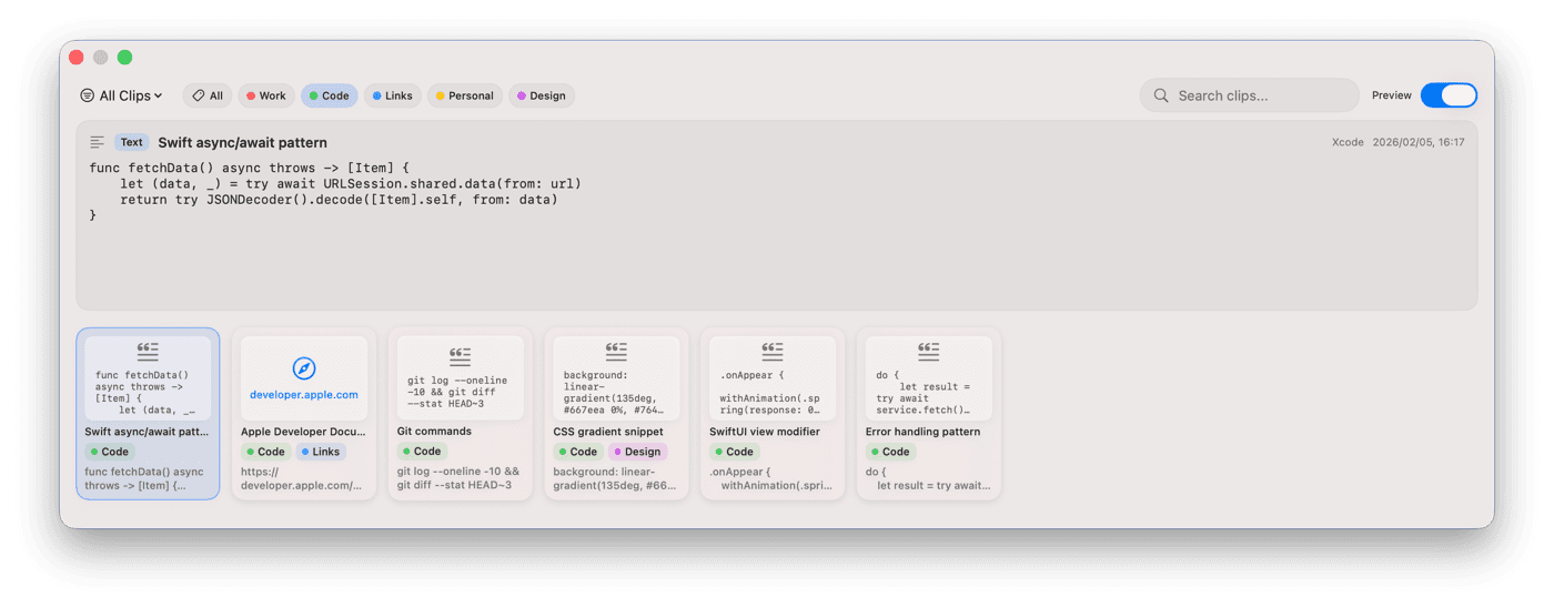 Kopipe ラベルフィルタリングのスクリーンショット